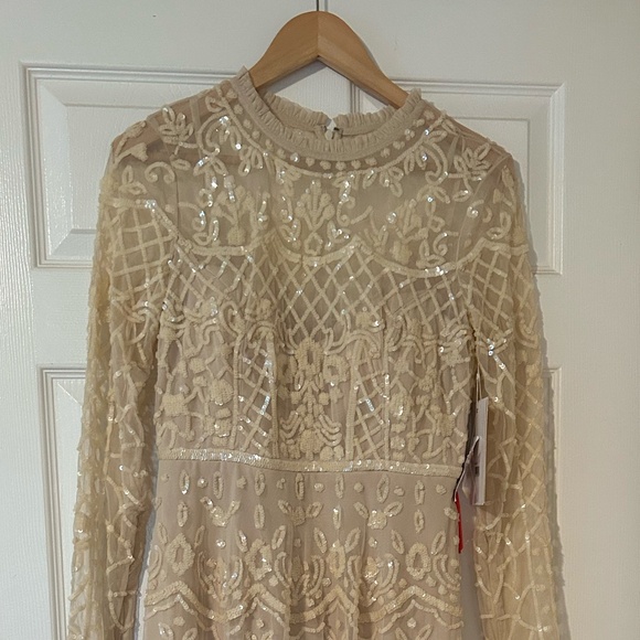 Mac Duggal Sequin Long Sleeve Mesh Midi Cocktail Dress Illusion High Neck - Picture 7 of 11